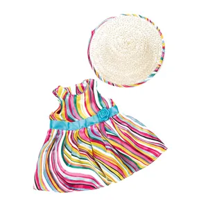 Detailed view of colorful striped 18 inch doll dress and matching straw hat summer set.