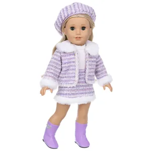 18 inch American girl doll clothes winter plush tweed outfit set with beret skirt and boots