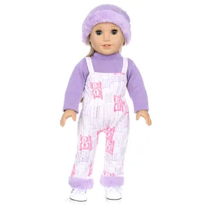 18 inch American girl doll clothes winter plush purple hat sweater overalls shoes set