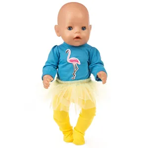 18 Zoll Reborn Puppenkleidung Set mit blauem Flamingo Oberteil Tutu Rock und gelben Strumpfhosen.