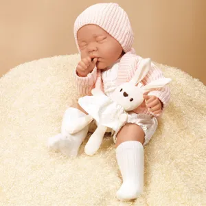 18-inch reborn baby doll with pink knitted hat cardigan dress and cute bunny toy plush.