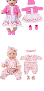 18 inch baby doll clothes set cute pink cardigan dress and floral jumpsuit outfit accessories.