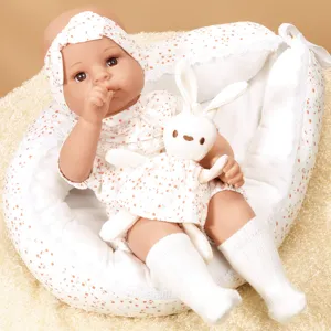 18-inch realistic reborn baby doll vinyl infant toy set with cute plush bunny and floral outfit.
