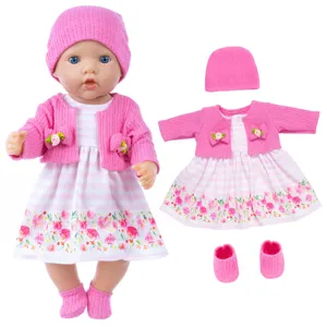 18 inch baby doll clothes set with pink knit hat cardigan dress and shoes for doll toy.