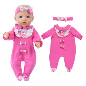 18 inch baby doll clothes pink floral romper and matching headband set for toy dolls.
