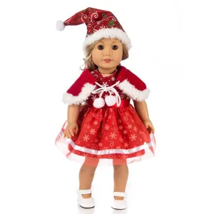 Details of 18 inch doll Christmas red dress outfit, cute cape, hat and shoes for 40cm dolls.