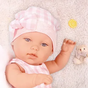 12-inch realistic reborn baby doll with cute pink checkered hat and matching outfit set.