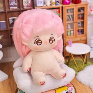 20cm unattributierte Plüsch Baumwollpuppe nackte Puppe mit flauschigem rosa Haar und Gesicht.