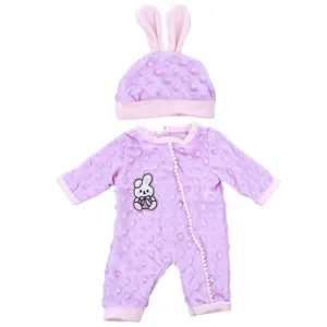 Cute 43cm doll clothes set including bunny ears hat and purple dotted romper for baby dolls.