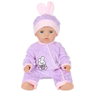 Cute 43cm baby doll with cute purple bunny hat and onesie outfit, perfect detailed plush toy.