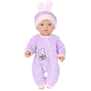Cute 43cm baby doll with bunny ear hat and purple romper outfit for kids play.