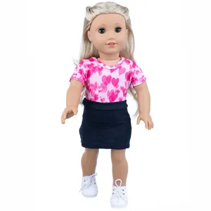 18 inch doll clothes valentine heart t-shirt denim skirt set for 45cm girl doll outfits