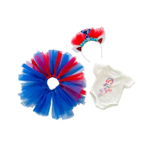 Puppenkleidung Set mit rot-blauem Tutu Rock, Katzenohren Haarreif und Meerjungfrau Strampler.