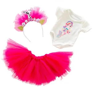 Kinder Meerjungfrau Kostüm Set mit rosa Tutu Rock, Haarreif und bedrucktem Body.