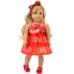 Detailaufnahme des roten Weihnachtskleid-Sets für 18-Zoll-Puppen mit festlichem Look.