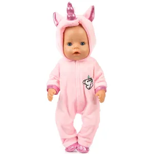 Rosa Einhorn Jumpsuit Puppenkleidung Set mit Kapuze und Stickerei für 18 Zoll Puppen