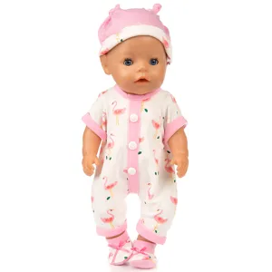 Cute 18 inch doll clothes set with pink flamingo onesie, matching hat and shoes for kids.