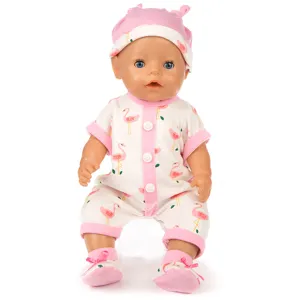 Cute 18-inch baby doll clothes set with pink flamingo romper, matching hat, and booties for kids.
