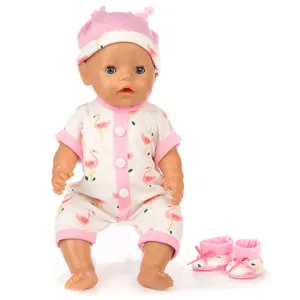 Cute pink flamingo doll romper set with matching hat and shoes for 18-inch baby dolls.