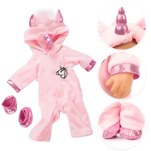 Rosa Einhorn Strampler Outfit mit Kapuze und passenden Schuhen für 18 Zoll Puppen.