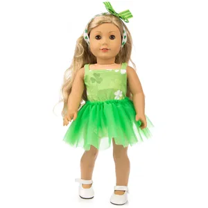 St. Patrick's Day 18-Zoll Puppenkleidung Set mit grünem Kleeblatt Tutu Kleid und passendem Haarband.