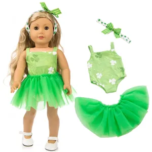 18 Zoll Puppenkleidung Set grünes Kleeblatt Tutu Kleid Stirnband für amerikanische Puppen