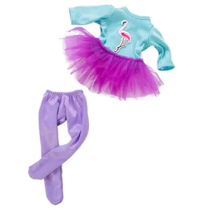 Schöne Puppenkleidung Set für 45cm Puppen mit Flamingo Top, Tütü Rock und lila Strumpfhose.