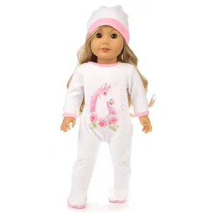 18 Zoll American Girl Puppenkleidung Set weisser Einhorn Onesie mit rosa Hut Detail