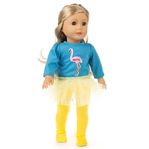 18 Zoll Puppenkleidung Set, blauer Flamingopullover, gelber Tütü Rock und Leggings für Puppen.