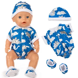18 inch doll clothes cute blue dinosaur print romper hat shoes set for baby doll accessories