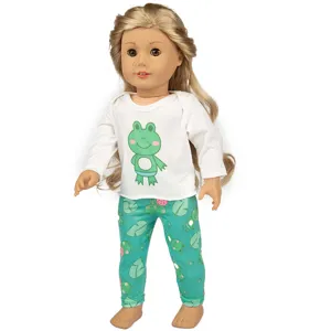 18 Zoll Puppenkleidung süßer Frosch Print Langarm Shirt und Hose Set für 45cm Puppen