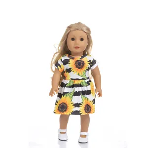 18 Zoll Puppenkleidung Sonnenblumen gestreiftes Kleid Outfit mit weißen Schuhen für Puppen.