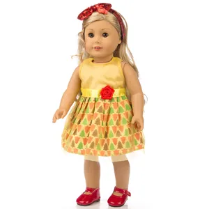 18-Zoll Puppen Weihnachtskleid Set mit Baum Muster, roten Schuhen und Pailletten Haarreif.