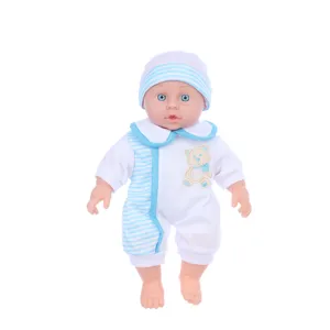 12 Zoll weiche Vinyl Baby Puppe Spielzeug mit blau gestreifter Mütze und süßem Teddybär Strampler