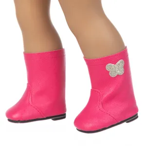 Pink 18-inch doll leather boots with sparkle glitter butterfly decor, fashion doll shoes accessory.