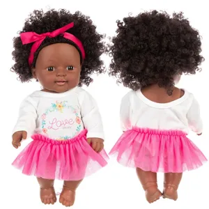 12-inch cute black baby doll with curly hair, pink tutu skirt and floral top toy.