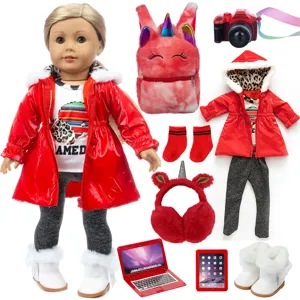 18 Zoll Puppen Winter Outfit Set rote Daunenjacke Einhorn Rucksack Puppenkleidung Zubehör