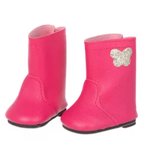 Close-up detail of hot pink doll boots with glittery butterfly patch for 18 inch doll accessories.