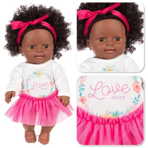 12-inch black baby doll with curly hair, pink headband, floral onesie, and tutu skirt.
