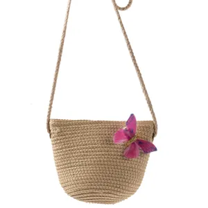 Strohgeworfene Umhängetasche mit rosa Schmetterling süße handgemachte Mini Tasche für Kinder