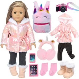 Puppen Wintermantel Set mit Einhorn Rucksack Kamera Handy Spielzeug für Puppen Zubehör.