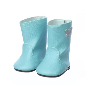 18 inch American girl doll boots light blue leather rain shoes with glitter butterfly decor