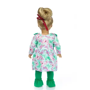 Detailed view of 18 inch doll dress with cute butterfly print and green leggings back.