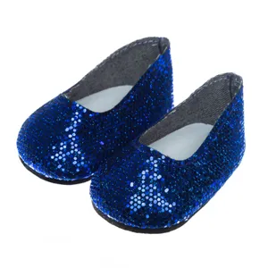 Blau Glitzer Puppenschuhe Detailansicht, funkelnde Pailletten Textur für 18 Zoll Puppen.