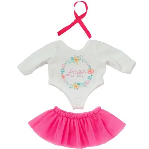 12-Zoll Puppenkleidung Set, weißer Body mit Blumenprint, rosa Tütü-Rock und Haarband.