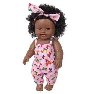 12 Zoll schwarze Babypuppe mit süßem Schmetterlingsprint Strampler und Stirnband Spielzeug.