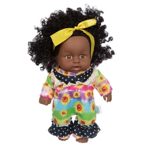 8-Zoll afrikanische schwarze Baby Reborn Puppe Spielzeug mit lockigem Haar und Sonnenblume.
