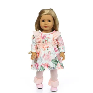 18 inch doll floral dress outfit with pink ruffles and matching shoes for girls toy.