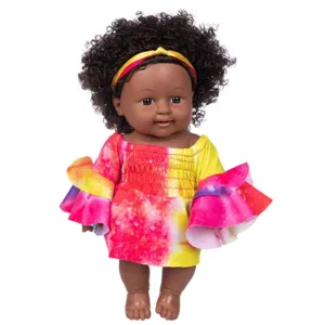12 inch black baby doll toy with colorful tie dye dress and cute yellow headband for girls play