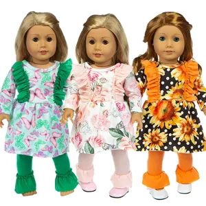 Fabric Printed Doll Clothes Ruffle Dress And Pants Set For 18 Inch Girl Dolls Reborn Baby Doll Accessories Cute Casual Outfit